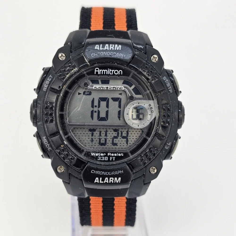 Armitron Men's Digital Sport Watch 48MM‎ Black Case NEW Orange Black Nylon Bands